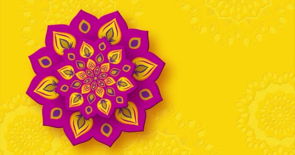 Rotating Indian Rangoli for Diwali festival of lights. Bright purple color  on yellow background. Graphic animation. — Stock Video ©   #380070834