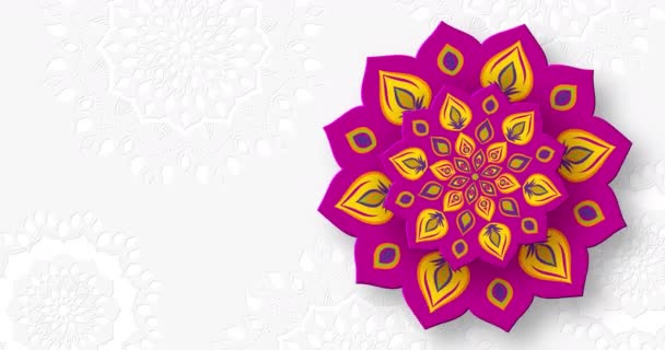 Rotating Indian Rangoli for Diwali festival of lights. Bright purple color  on yellow background. Graphic animation. — Stock Video ©   #380070834