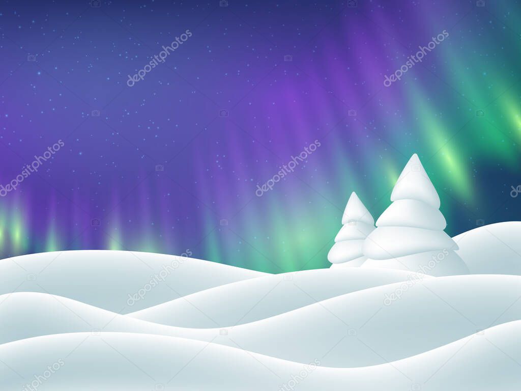 Aurora borealis winter landscape.
