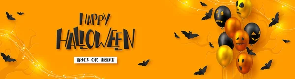 Szczęśliwego Halloween Poziomego Transparentu Błyszczące Balony Potworami Twarzach Latające Nietoperze — Wektor stockowy