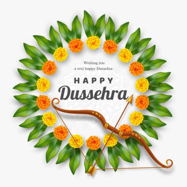 Mutlu Dussehra bayrağı. Çiçek çelenkli ok ve yay. Hindu Navratri festivali, Vijayadashami bayramı. Vektör illüstrasyonu.