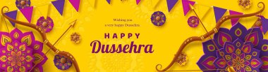 Mutlu Dussehra bayrağı. Mor Rangoli ile ok ve yay. Hindu Navratri festivali, Vijayadashami bayramı. Vektör illüstrasyonu.