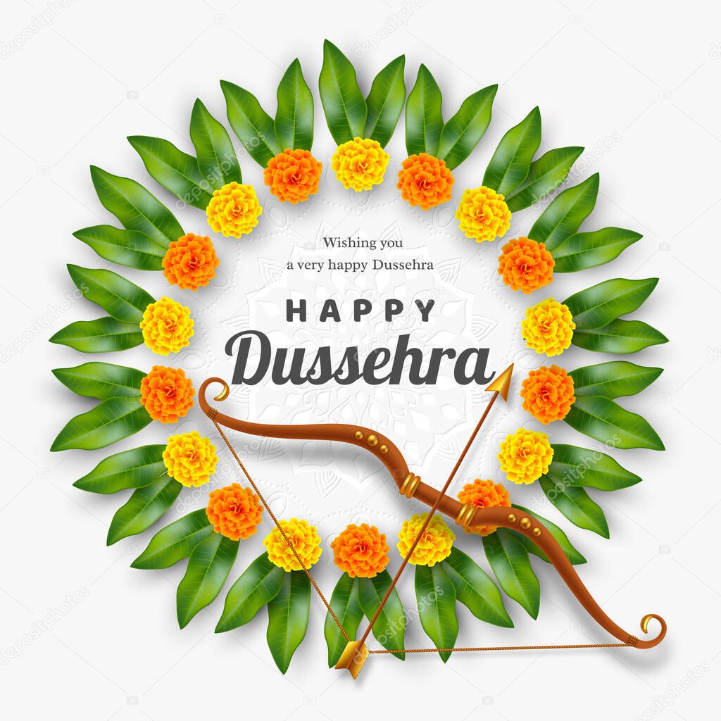 Happy Dussehra banner. Bow and arrow with flower wreath. Hindu Navratri festival, Vijayadashami holiday. Vector illustration.