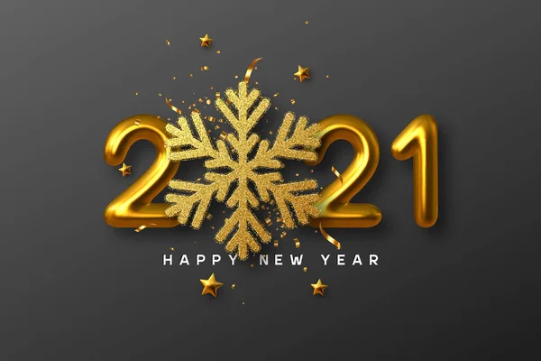 2021 Happy New Year Sign Golden Glitter Snowflake Tinsel Stars — Stock Vector