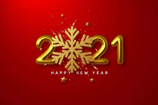 2021 Happy New Year Sign Golden Glitter Snowflake Tinsel Stars — Stock Vector