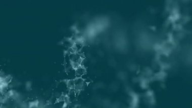 Pleksus etkisi olan soyut DNA. Hologram koyu mavi arkaplandaki DNA çift sarmalını yok etti. 4K video döngülü animasyon. Bilim fütüristik görüntüleri.