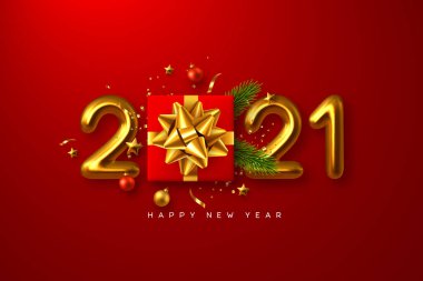 2021 mutlu yıllar. Dekoratif unsurları olan gerçekçi bir hediye kutusu ve kırmızı arka planda 3 boyutlu metalik numaralar. Vektör illüstrasyonu.