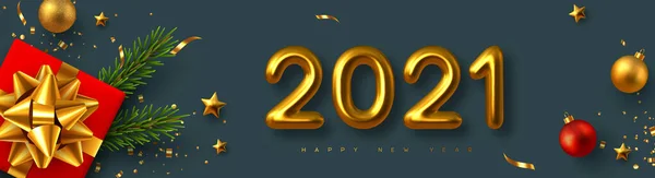Neujahrszeichen 2021 Realistische Geschenkschachtel Mit Dekorativen Elementen Und Metallic Zahlen — Stockvektor
