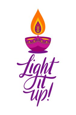 Diwali onu dekoratif diya lambasıyla selamlıyor. Hint Işık Festivali için el yazısı şenliği metni. Vektör illüstrasyonu