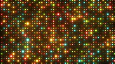 Yanıp sönen ışıklar çok renkli. Rastgele boyut noktaları olan şebeke deseni. Yeni yıl şenlik tasarımı için ışıldayan parçacıklar soyut arkaplan. 4K döngü canlandırması.