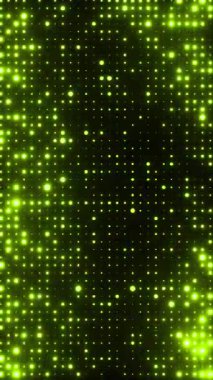 Yanıp sönen yeşil ışıklar. Rastgele boyut noktaları olan şebeke deseni. Yeni yıl şenlik tasarımı için ışıldayan parçacıklar soyut arkaplan. 4K döngü dikey canlandırması.