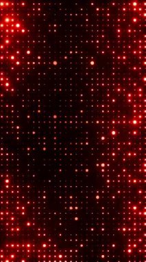 Yanıp sönen kırmızı ışıklar. Rastgele boyut noktaları olan şebeke deseni. Yeni yıl şenlik tasarımı için ışıldayan parçacıklar soyut arkaplan. 4K döngü dikey canlandırması.