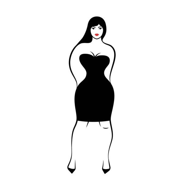 白い背景の上のセクシーな小さな黒いタイトなドレスの若い女性 ベクトル図 — ストックベクタ