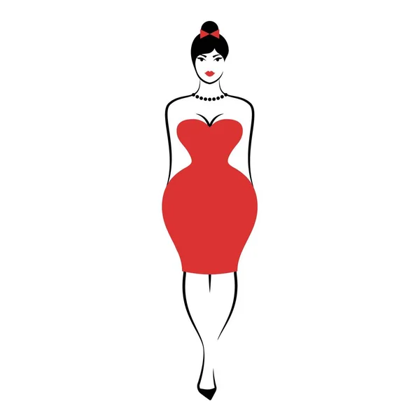 Una Joven Mujer Figura Completa Elegante Vestido Cóctel Rojo Corto — Vector de stock