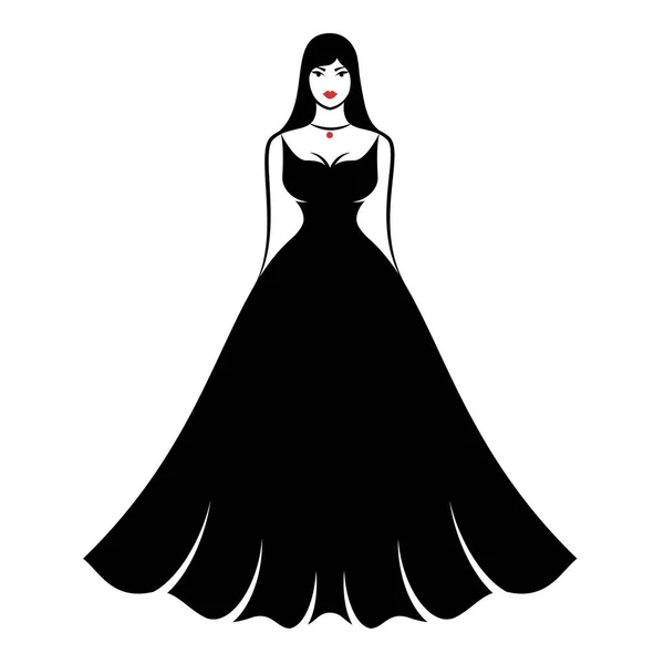 Una mujer joven en un elegante vestido de noche largo y esponjoso negro — Vector de stock