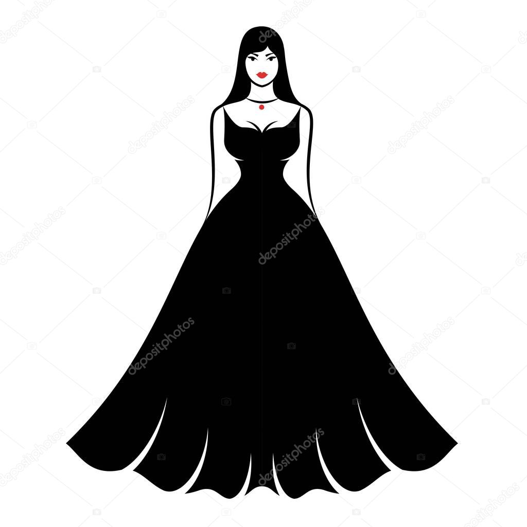 a young woman in an elegant long fluffy black evening dress