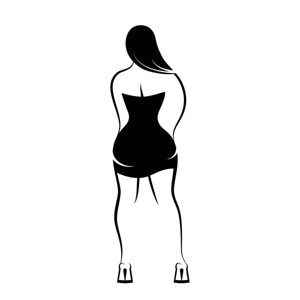 Mujer Vista Trasera Con Pelo Largo Pequeño Vestido Negro Una — Vector de stock