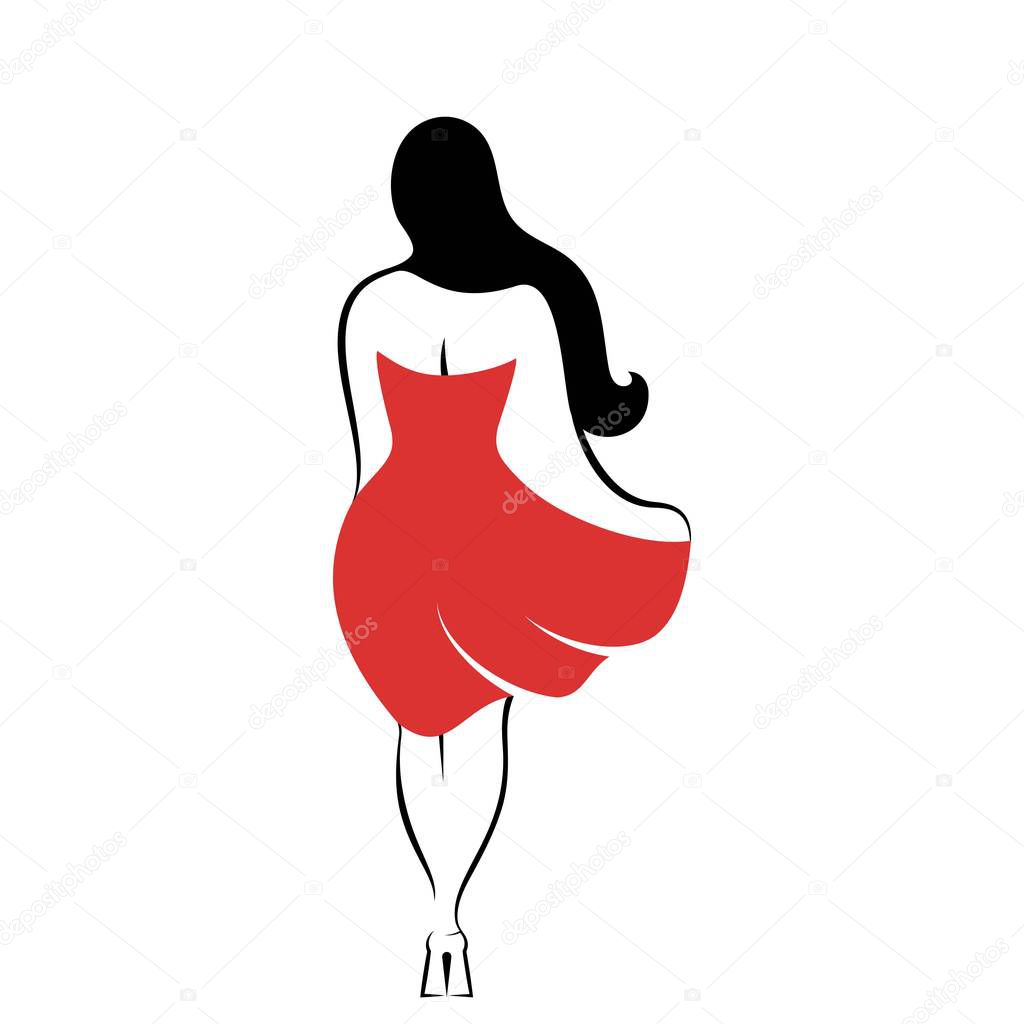 The woman rear view with long hair and in a red dress. An isolated vector illustration