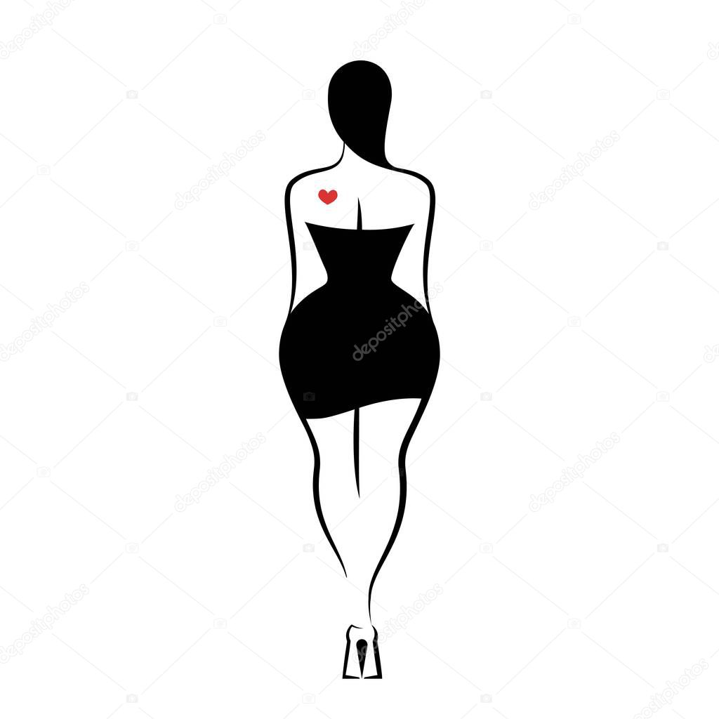 The woman rear view with long hair and in a little black dress. An isolated vector illustration