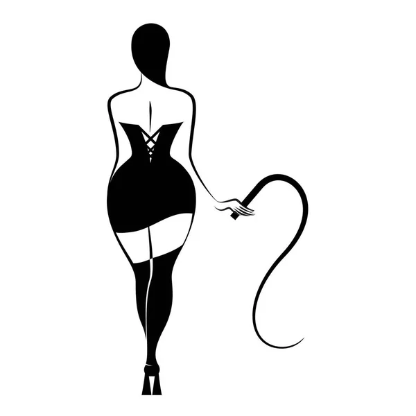年轻的性感的女人站着的女人与鞭子 Bdsm 在白色背景查出的向量例证 — 图库矢量图片