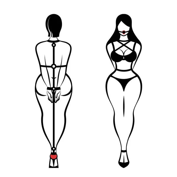 Esaret duran genç seksi kadın. Tematik bdsm. Beyaz arka plan üzerinde izole vektör çizim