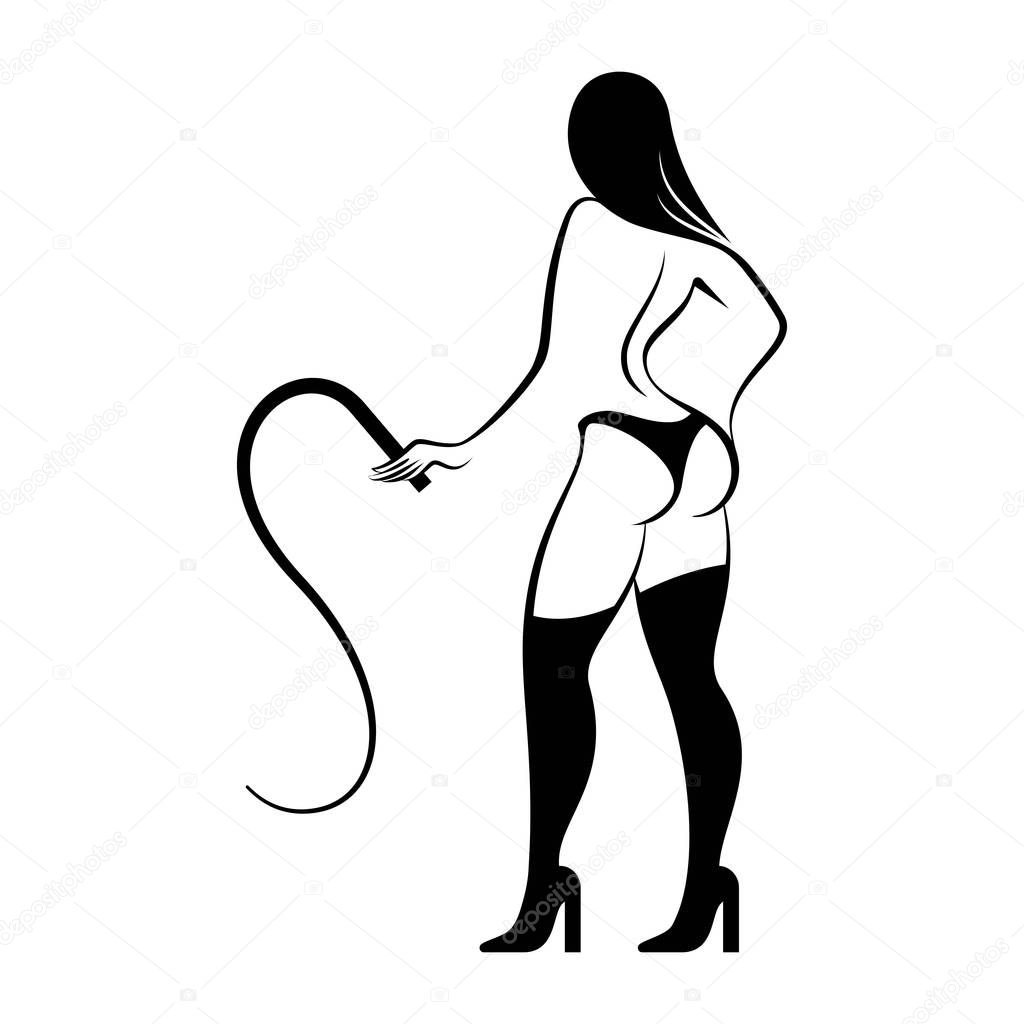 Young sexy woman standing woman with a whip. Thematic bdsm. Vector illustration isolated on white background
