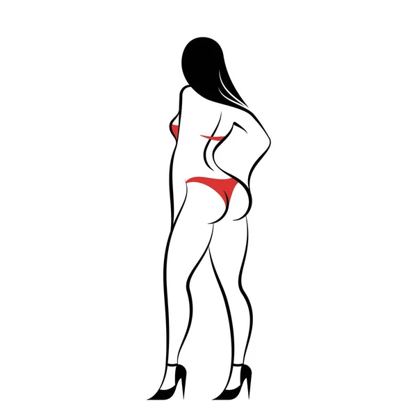 Woman Rear View Long Hair Red Lingerie Isolated Vector Illustration — Stock Vector