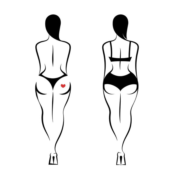 Two women rear view with long hair and in a black lingerie. An isolated vector illustration