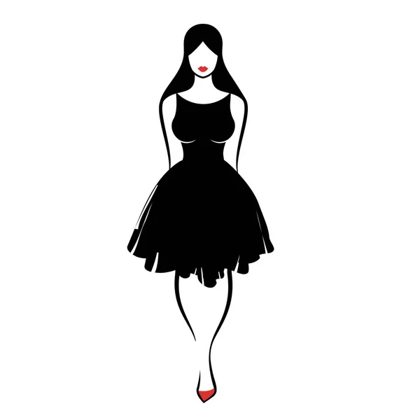 Mujer joven en un pequeño vestido negro — Vector de stock