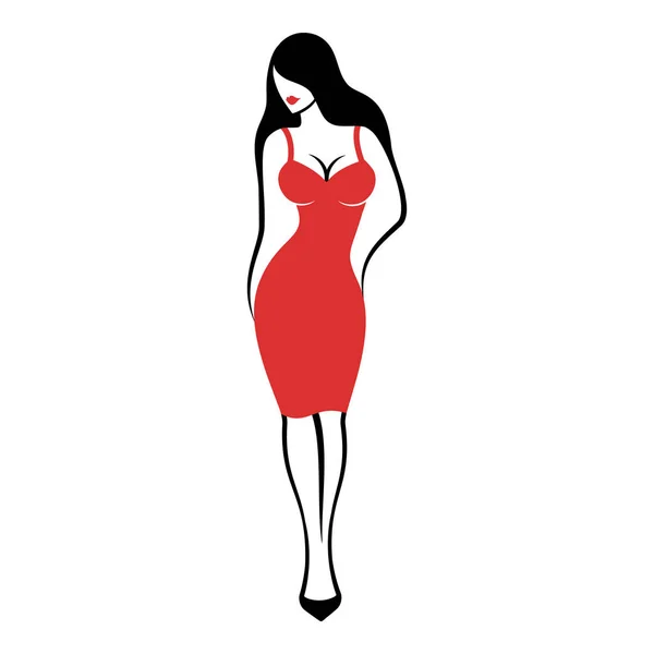 Jovem mulher em um elegante vestido de cocktail vermelho forma-montagem curta —  Vetores de Stock