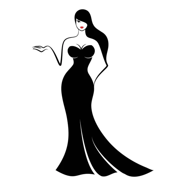 Mujer joven en un elegante vestido de noche largo y ajustado negro — Vector de stock