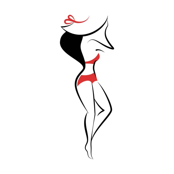 Mujer en traje de baño y sombrero — Vector de stock