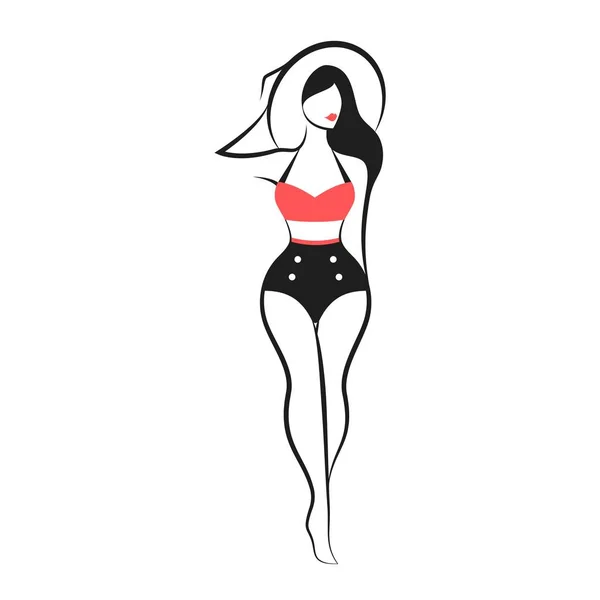 Mujer en traje de baño vintage y sombrero — Vector de stock