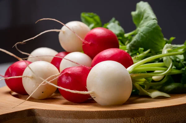 Verduras Frescas Lavadas Rábano Blanco Rojo Listas Para Comer Cerca —  Fotos de Stock