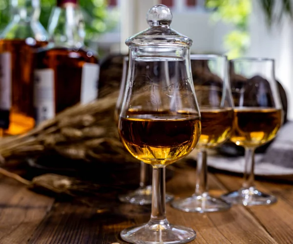 Tasting Glasses Aged Scotch Whisky American Bourbon Old Dark Wooden — Stock Photo, Image