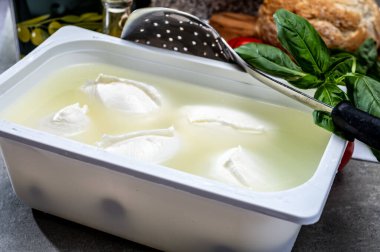 Peynir dükkanı, Campania 'dan taze el yapımı yumuşak İtalyan peyniri, kaptaki inek sütünden yapılmış beyaz bufalo mozzarella peyniri.