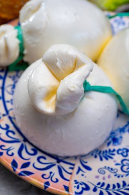 Peynir koleksiyonu, Puglia 'dan taze el yapımı İtalyan peyniri, beyaz burrata topları veya mozarella ve kremadan yapılmış burratina peyniri.