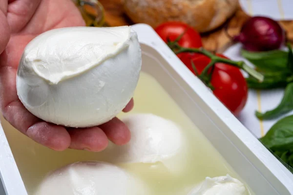 Casaro Che Tiene Mano Formaggio Fresco Italiano Morbido Campano Polpette — Foto Stock