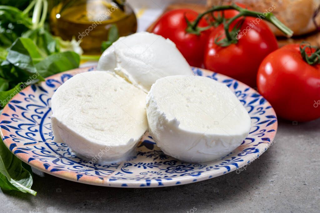 Fresh handmade soft Italian cheese from Campania, white balls of buffalo mozzarella cheese made from cow milk ready to eat close up