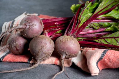 Yapraklı taze kırmızı pancar kökleri, yeni hasat