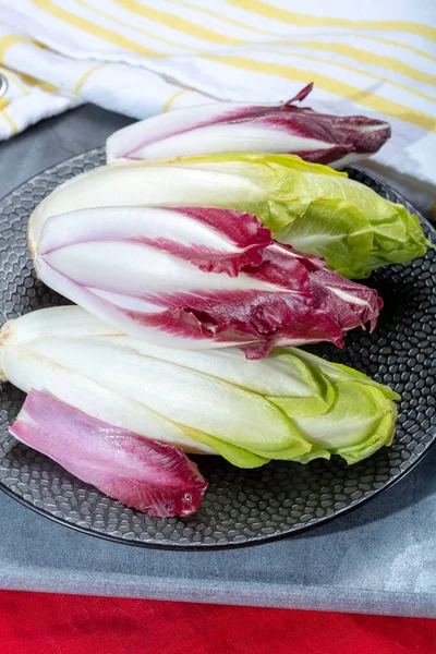 Taze Yeşil Belçika Hindiba Hindiba Kırmızı Radicchio Sebzelerinden Oluşan Bir — Stok fotoğraf