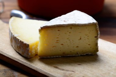 Fransız Tomme ve Cantal peyniri parçaları, yakın plan.