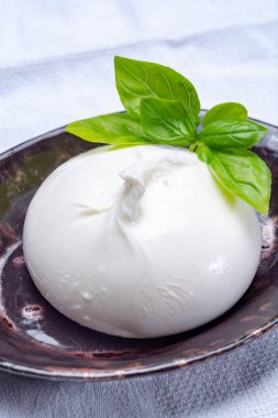 Taze yumuşak beyaz burrata, tereyağlı peynir, mozzarella ve ricotta kreması karışımından yapılmış, orijinali İtalya, Apulia bölgesinden, Amerika 'da çok popüler yumuşak peynir.
