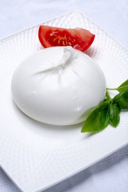 Taze yumuşak beyaz burrata, tereyağlı peynir, mozzarella ve ricotta kreması karışımından yapılmış, orijinali İtalya, Apulia bölgesinden, Amerika 'da çok popüler yumuşak peynir.