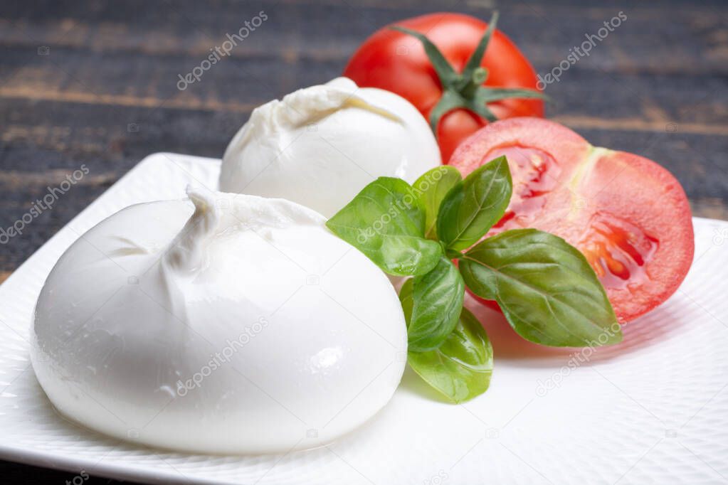 Fresh soft white burrata, ball buttery cheese, made from a mix of mozzarella and ricotta cream, original from Apulia region, Italy, very popular soft cheese in USA