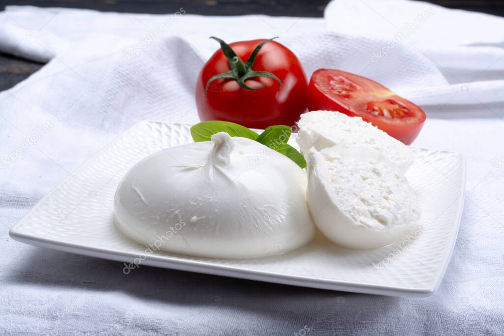 Fresh soft white burrata, ball buttery cheese, made from a mix of mozzarella and ricotta cream, original from Apulia region, Italy, very popular soft cheese in USA