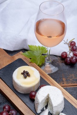 Fransız yumuşak peynirleri, değişik tat çeşitleri keçi sütü granit tabakta doğal peynirler Provence 'den gelen soğuk gül şarabıyla birlikte tatlı olarak toplanmış.