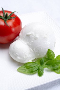 Güney İtalya 'nın Campania, Paestrum ve Foggia bölgelerinden gelen taze İtalyan peynirli mozzarella bufalosu domates ve taze fesleğenle servis edilir.