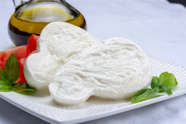 Búfalo Mussarela Queijo Branco Italiano Macio Fresco Originário Das Regiões — Fotografia de Stock