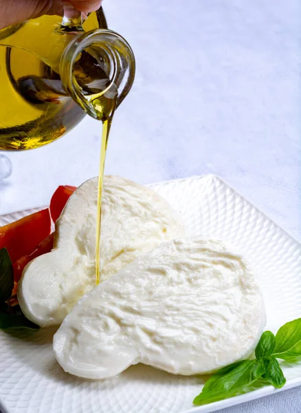 Bufala Mozzarella Fresca Formaggio Bianco Morbido Italiano Originaria Delle Regioni — Foto Stock